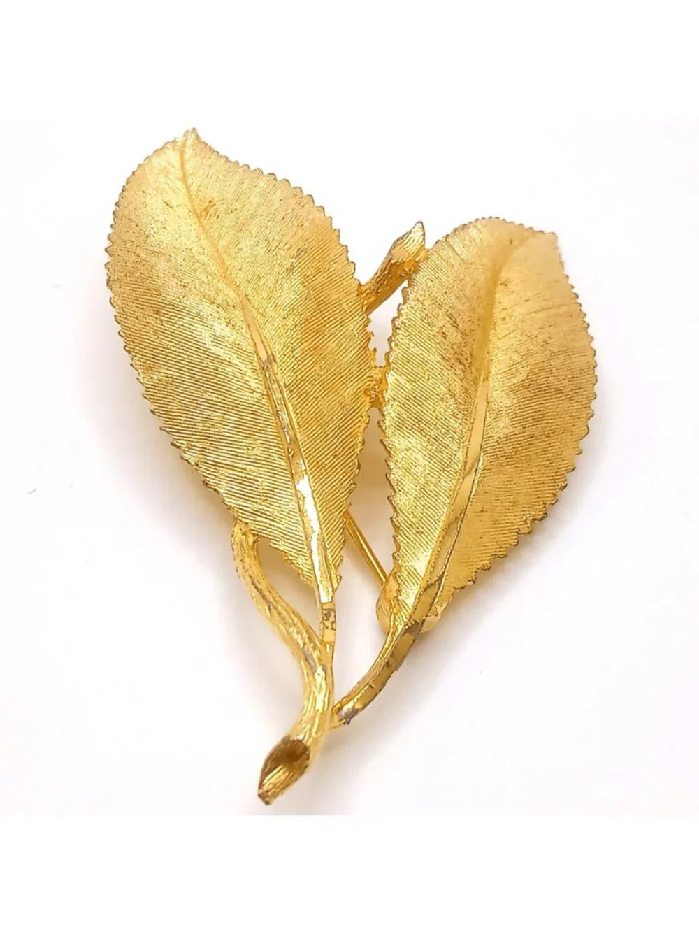 Vintage B.S.K Double Leaf Brooch Gold Tone Textured Design Mid Century 50-60's